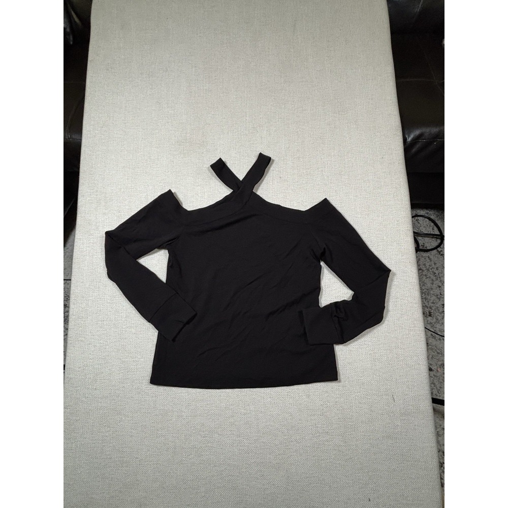 Worthington Women XS Black Crisscross Halter Cold Shoulder Top Long Sleeve